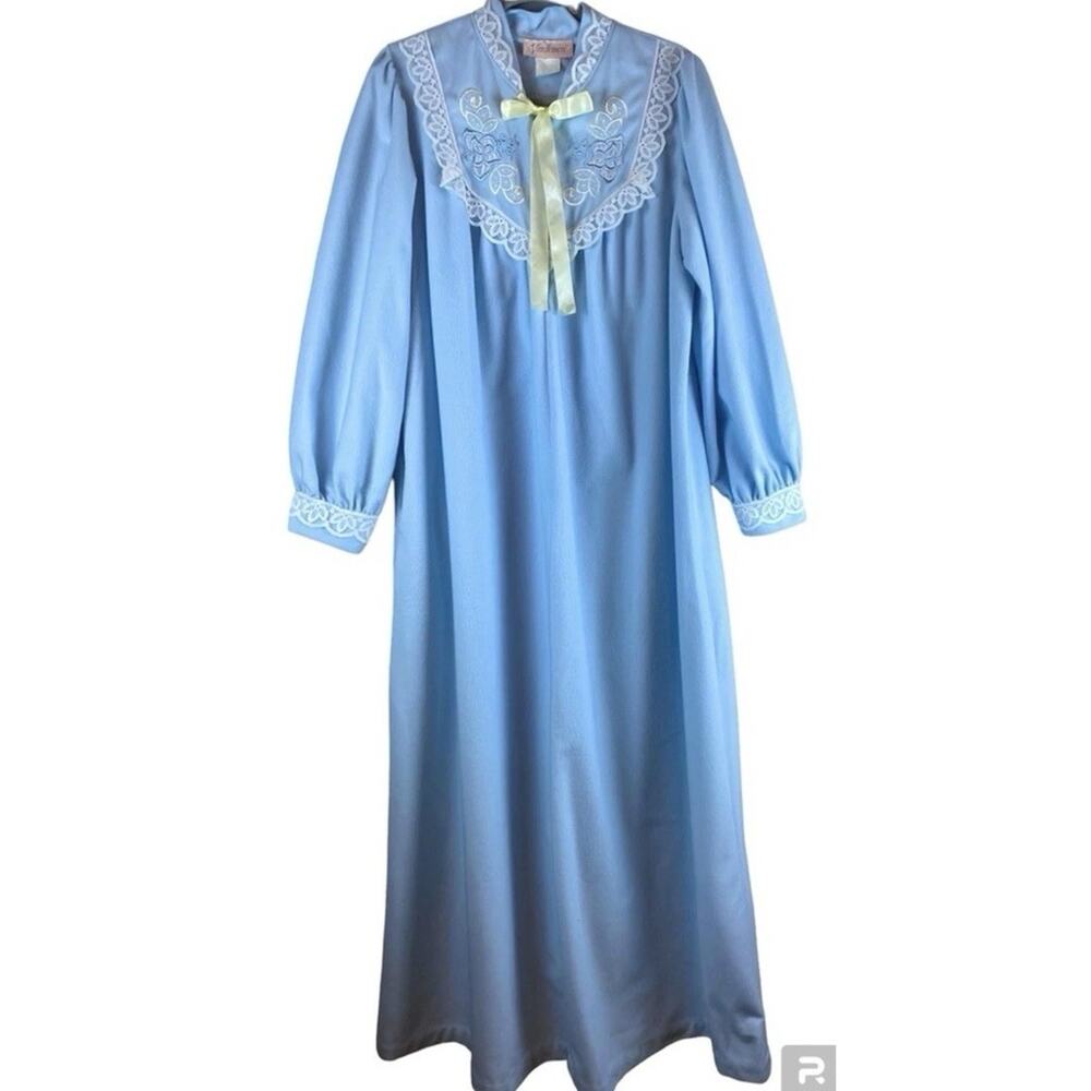 Vintage Vandemere Blue Ctn Flannel Lace Tie Front Embrdrd Cottage Core Long Robe - Picture 2 of 6